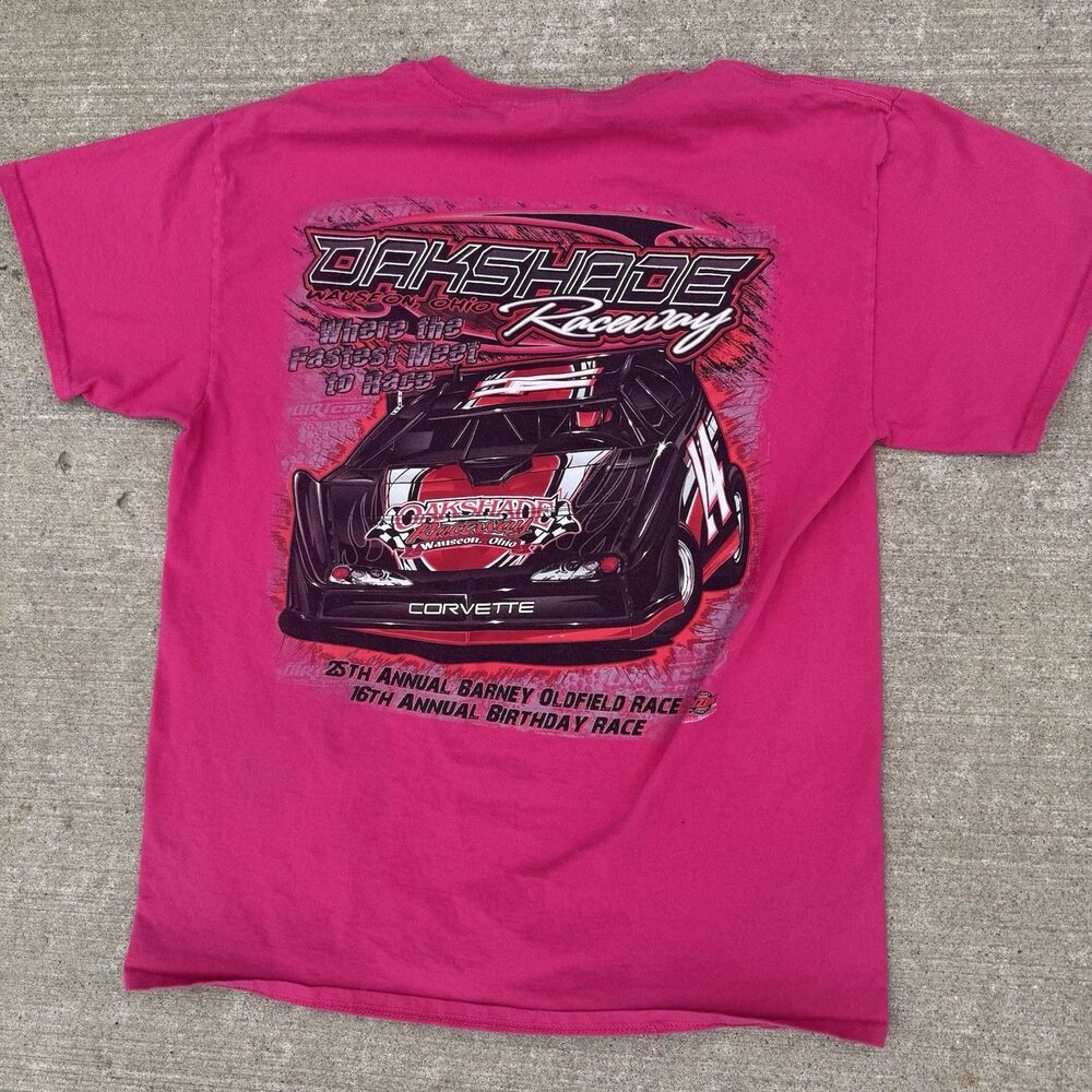 Oakshade Raceway T-Shirt; Dirt Track Motorsport; Men’s Size XL Pink; Wauseon, OH